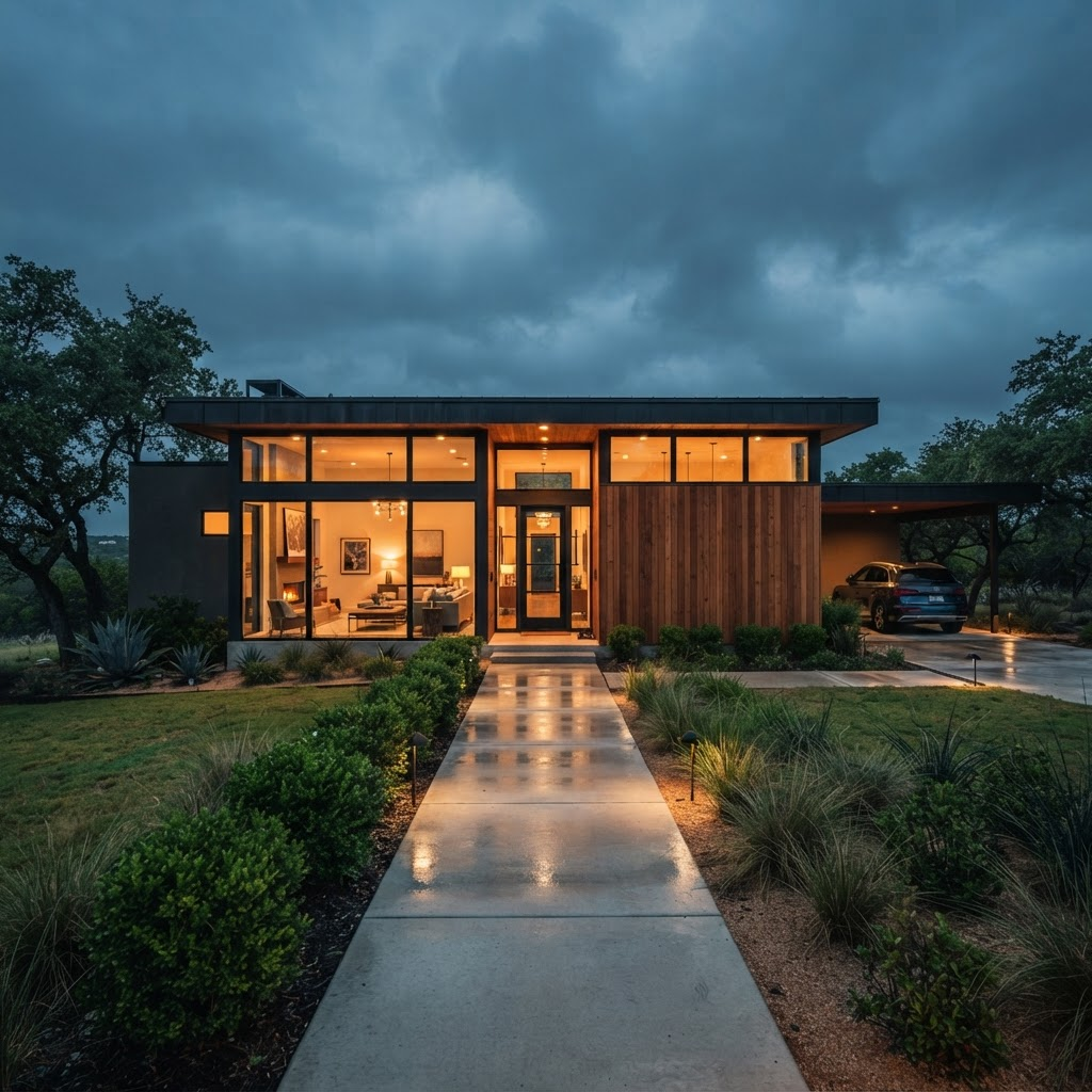 A modern Austin home at dusk